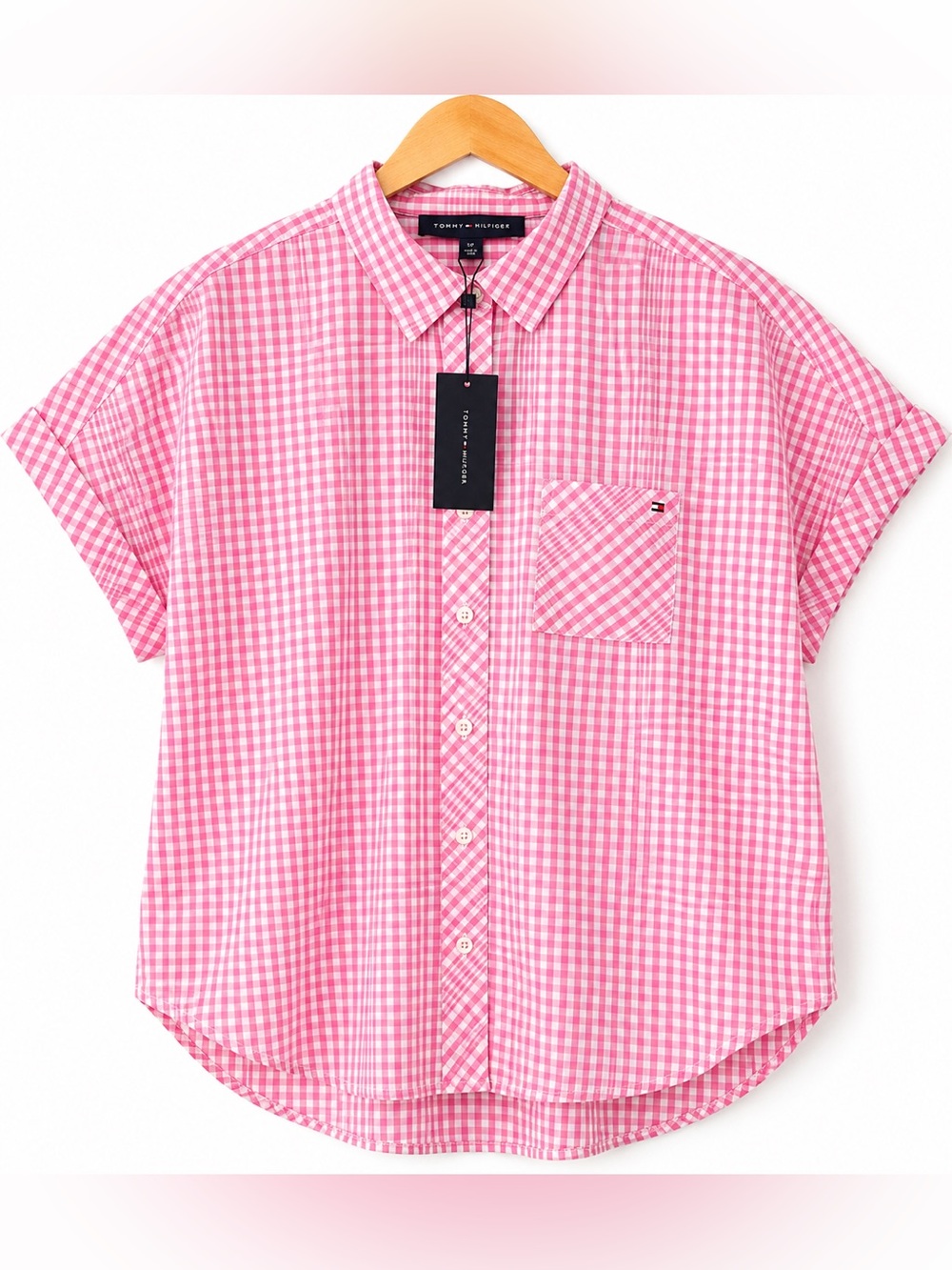 NWT Tommy Hilfiger Pink Gingham Button Front Shirt Size Small